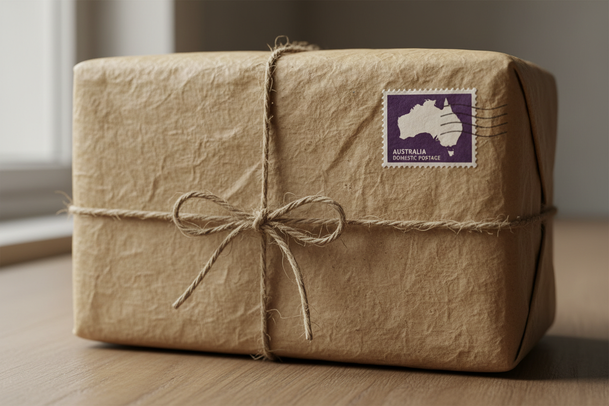 can you do a shiping brown paper parcel realistc with a purple australia stamp please